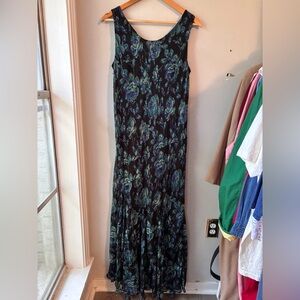 Positive Attitude Blue Green Black Floral Beaded Evening Dress Maxi Womens Large
